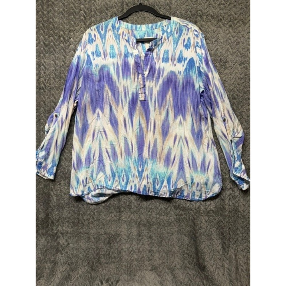 Chicos Blue Purple Ikat Print Roll Tab Sleeve Tunic Top Size 3 XL 0714